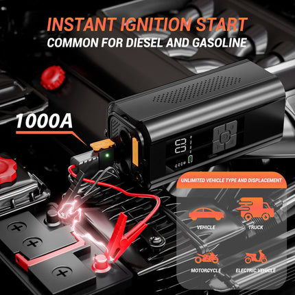 Compact Car Power Bank with Jump Starter, Air Pump & LED Display