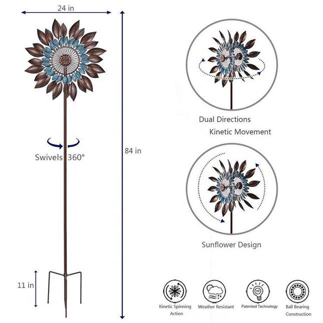 Large Outdoor Metal Sunflower Wind Spinner Ornament for Lawn & Patio (58cm)