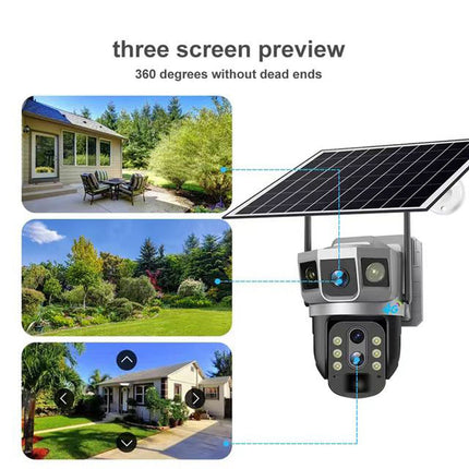 Solar-Powered Triple-Lens PTZ Outdoor Security Camera with 4G Connectivity, Night Vision & Long-Range Zoom