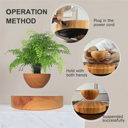 Floating Levitating Bonsai Planter with Rotating Wooden Stand for Home Office Decor