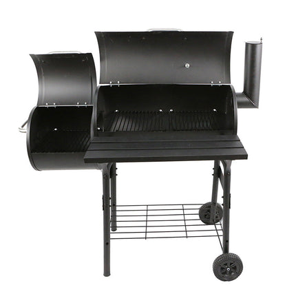 Outdoor Dual-Zone Charcoal Grill with Side Fire Box and Smoke Chimney – Black