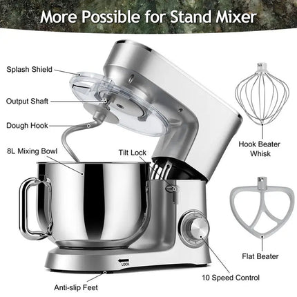 8L Planetary Stand Mixer 1500W – 6-Speed Control for Dough, Batter & Baking