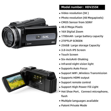5K Ultra HD Digital Camcorder with Flip Touch Display, 8MP Sensor & 256GB Memory Support – Black
