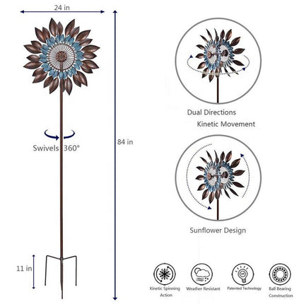 Large Sunflower Kinetic Wind Sculpture Garden Spinner Outdoor Decor 213cm