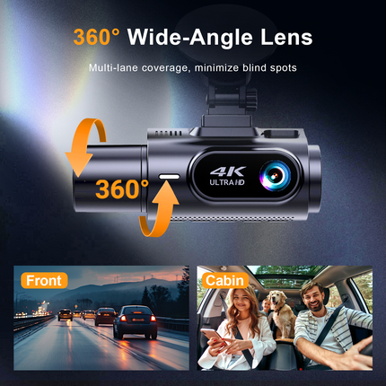 4K WiFi Dash Camera with Front, Cabin and Rear Cameras, G-Sensor, ADAS and 24-Hour Parking Monitor