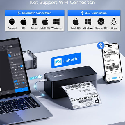 Portable USB & Bluetooth Thermal Label Printer 203 DPI with Adjustable Paper Holder