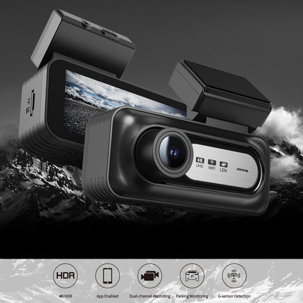 Portable 4K Dual Dash Camera with Rear 1080P Recording, WiFi App Control and GPS Logging