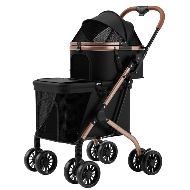 Foldable Double-Decker Pet Stroller for Small Dogs & Cats with Carbon Steel Frame