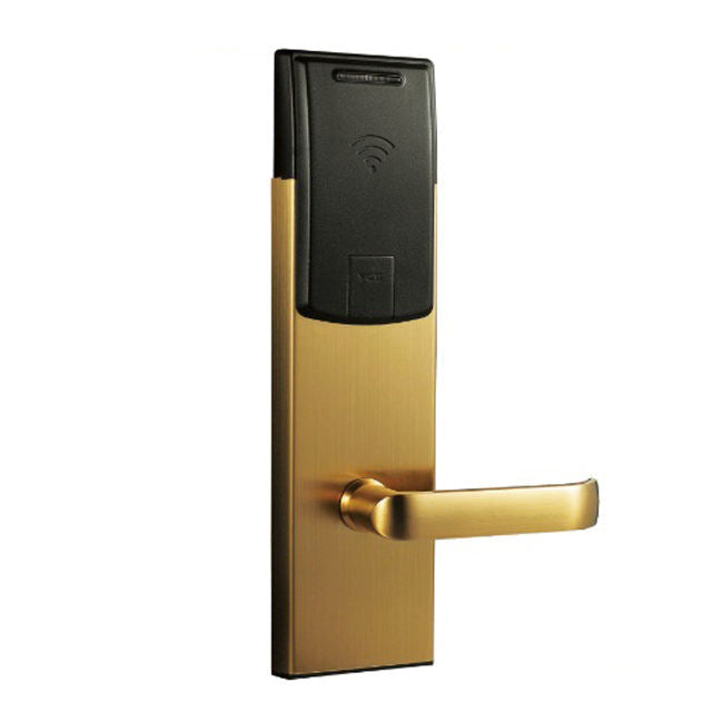RFID Hotel Door Lock with Mechanical Key for 36-100mm Doors, Brushed Stainless Steel, Gold