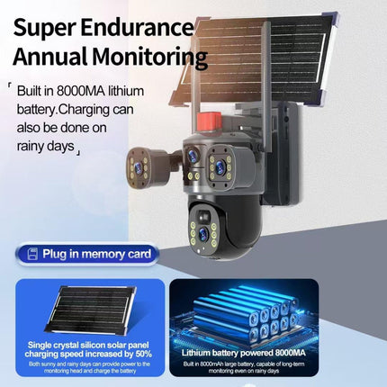 Outdoor 6MP Solar Powered PTZ Camera with Dual Lens, 350° Pan 90° Tilt, Night Vision & Wireless Connectivity