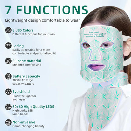 Rechargeable 7-Colour LED Facial & Neck Light Therapy Mask for Skin Firming & Rejuvenation