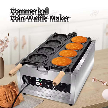 Commercial 4-Grid Coin Waffle Maker 4000W Stainless Steel Non-Stick Plates