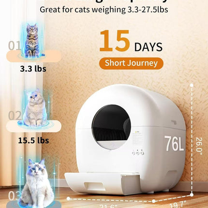 Smart Self-Cleaning Cat Litter Box with App Control, 76L Drum & 13L Removable Waste Bin