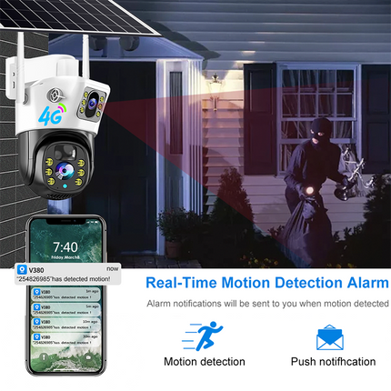 Wireless Solar PTZ Outdoor Security Camera with Dual Cameras, Night Surveillance & Talk Back Audio
