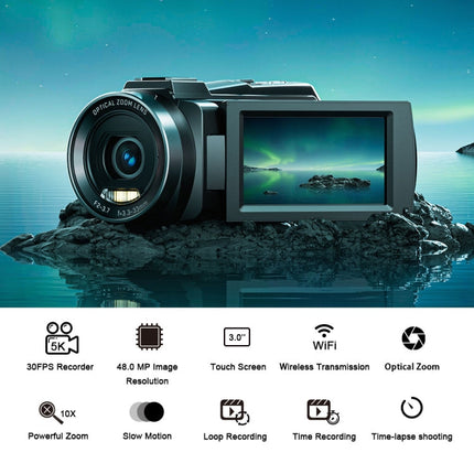 Portable 5K Digital Camera with Optical Zoom and Flip Touch Display – Black