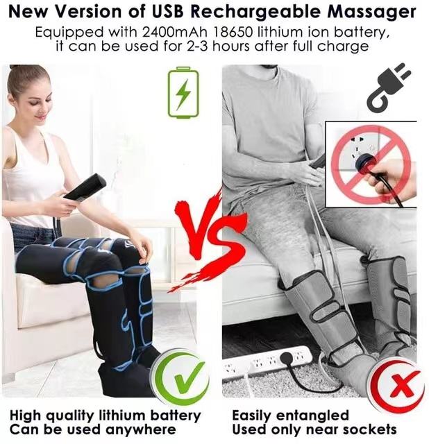 Rechargeable Air Compression Leg and Foot Massager with Heat Therapy – 6 Modes, 3 Intensities, Black Blue