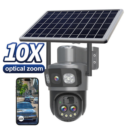 Outdoor Solar WiFi 4G PTZ Camera 3MP x3 Lenses 10X Zoom Pan 350 Tilt 90 IP65 Weather Resistant Security System