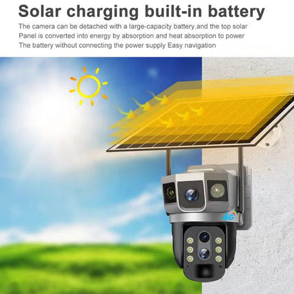 Solar-Powered Triple-Lens PTZ Outdoor Security Camera with 4G Connectivity, Night Vision & Long-Range Zoom