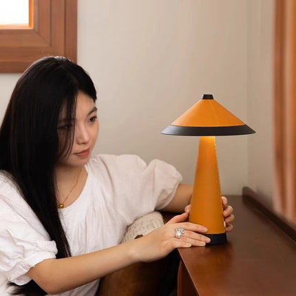 Modern LED Table Lamp Leather Shade Dual Color Metal Frame Orange Black