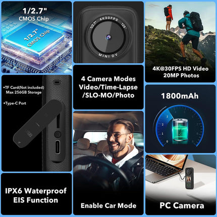 Rechargeable 4K Action Camera with Anti-Shake WiFi and 1.4-Inch Rotating Screen