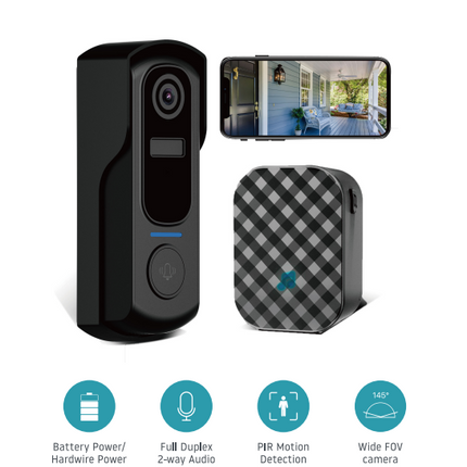 Wireless IP65 Waterproof Video Doorbell with PIR Motion Detection, Two-Way Audio & 5200mAh Battery