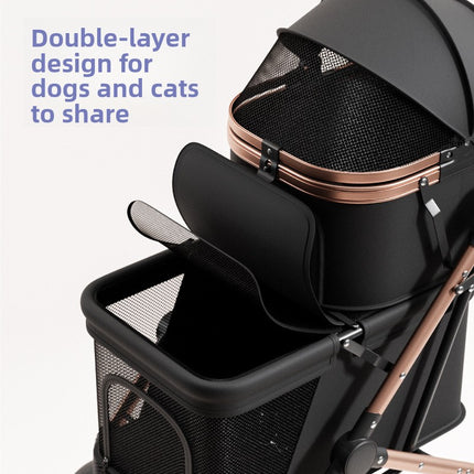 Foldable Double-Decker Pet Stroller for Small Dogs & Cats with Carbon Steel Frame