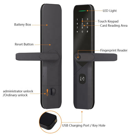 Smart Fingerprint Door Lock with Password, RFID Card & Mechanical Key for 38-100mm Doors