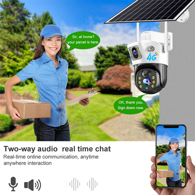 Wireless Solar PTZ Outdoor Security Camera with Dual Cameras, Night Surveillance & Talk Back Audio