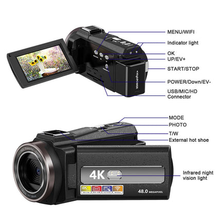 Ultra HD 4K Digital Camera with Rotating Touchscreen, CMOS Sensor and SD Card Support