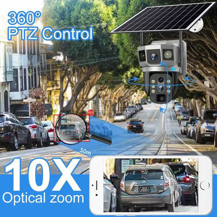 Solar-Powered Triple-Lens PTZ Outdoor Security Camera with 4G Connectivity, Night Vision & Long-Range Zoom
