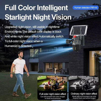 Outdoor 6MP Solar Powered PTZ Camera with Dual Lens, 350° Pan 90° Tilt, Night Vision & Wireless Connectivity