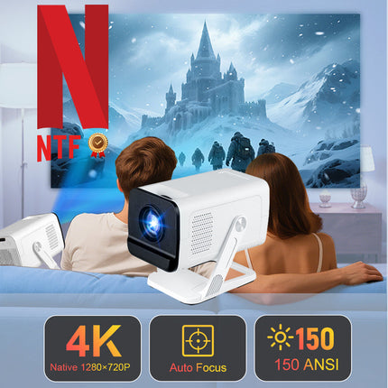 Portable 720P Smart Projector with Auto Focus, WiFi6, Bluetooth Remote and Android 13