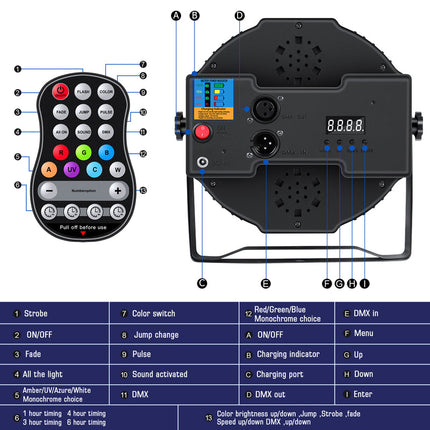 36W RGBWA UV LED Par Can Light Battery Powered Stage Light with Remote and DMX512