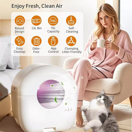Smart Self-Cleaning Cat Litter Box with App Control, 76L Drum & 13L Removable Waste Bin