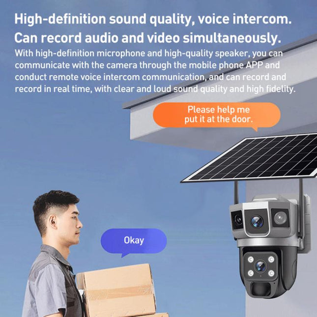 Solar Powered Dual-Lens PTZ Outdoor Security Camera with WiFi, Smart Motion Alerts & Two-Way Audio