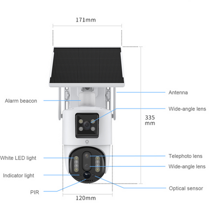 Solar 4G Outdoor Surveillance Camera with Dual Power System, Triple Cameras & 10× Zoom