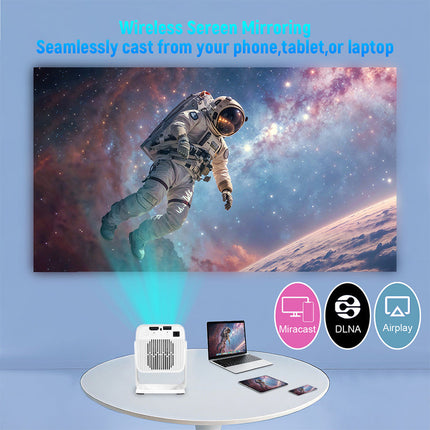 Compact 720P Smart Home Projector with WiFi6, Android 11, Auto Keystone & 2m Throw – White