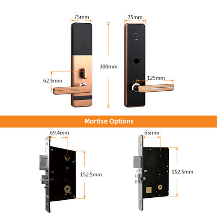 RFID Hotel Door Lock with LED Indicator, Brushed Gold, Card Access, Aluminium Alloy