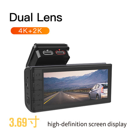 Triple Channel 4K Dash Camera with WiFi App Control, Parking Monitor, 3.69 Inch Screen & Loop Recording