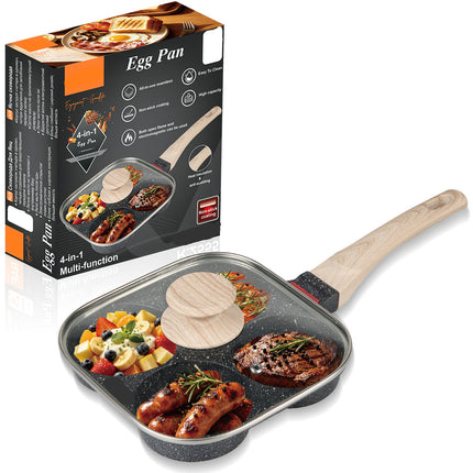Multi-Section Egg Cooking Pan with 4 Compartments, Glass Lid and Wooden Handle