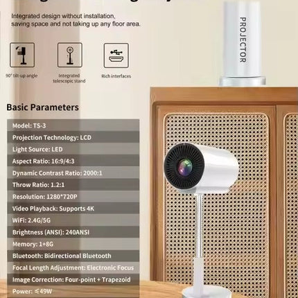 Smart Cordless Projector 1080P 4K Ready with Android 11 WiFi and Telescopic Lift Stand