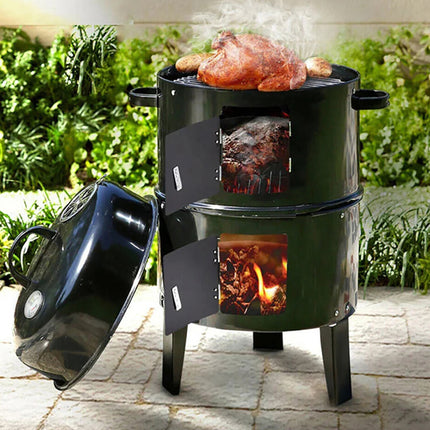 Compact Charcoal Smoking Grill for Outdoor BBQ, Multi-Tier Cooking System – Black