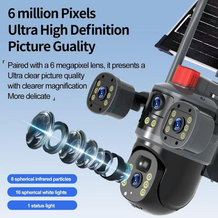 Outdoor 6MP Solar Powered PTZ Camera with Dual Lens, 350° Pan 90° Tilt, Night Vision & Wireless Connectivity