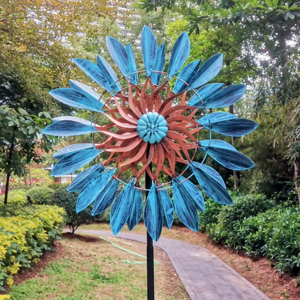 Large Metal Kinetic Wind Spinner for Garden – Blue and Copper Outdoor Decorative Sculpture