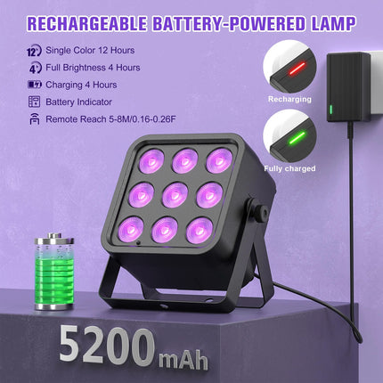 Rechargeable RGBWA UV LED Stage Uplight 54W DMX Control for Weddings Events Parties