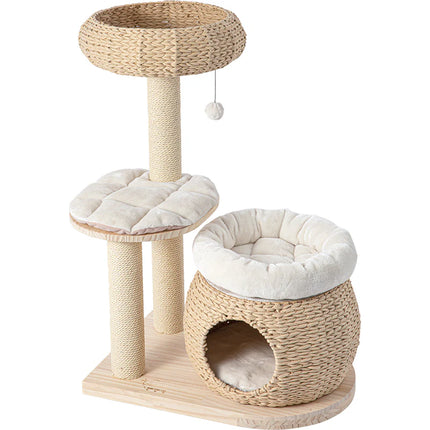 Modern Indoor Cat Activity Tower with Natural Rattan Panels and Scratch Poles