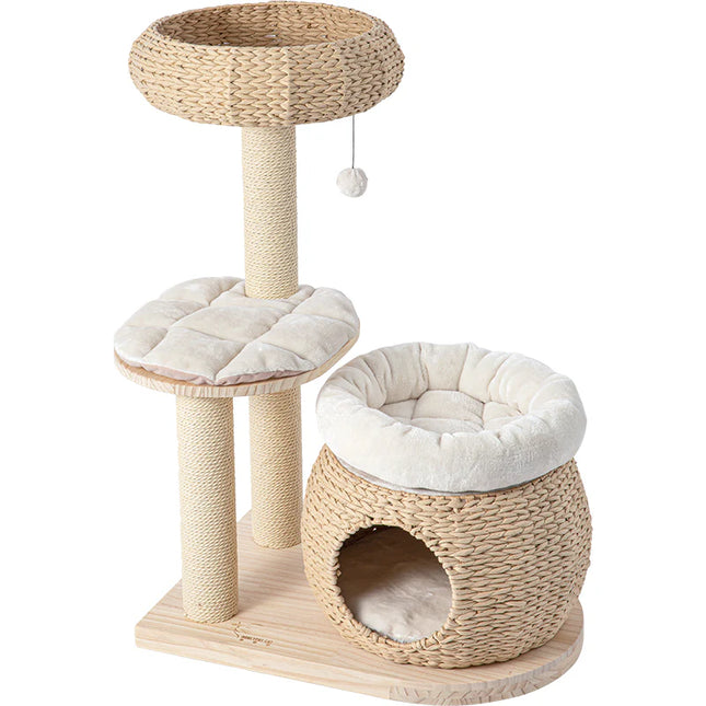 Modern Indoor Cat Activity Tower with Natural Rattan Panels and Scratch Poles
