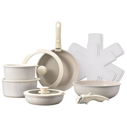 Nonstick Stone Cookware Set Frying Pans and Pots with Glass Lids Detachable Handles Multiple Sizes
