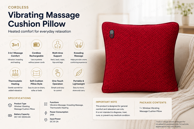 Cordless Vibrating Massage Cushion Pillow for Relaxation at Home, Office & Travel