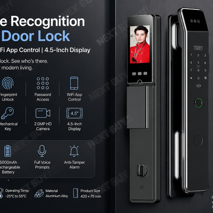 3D Face Recognition Smart Door Lock with HD Camera, Fingerprint, WiFi App Control and 4.5-Inch Display
